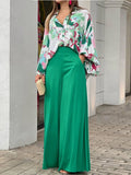 Momentlover Original Contrast Color Blouse&Solid Wide Legs Pants 2 Pieces Set