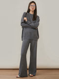 Momentlover Urban Loose Solid Round-Neck Vest Top& V-Neck Sweater Tops& Wide Leg Pants Three-Piece Set