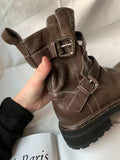 Momentlover Zipper Split-Joint Round-Toe Belt Buckle Boots