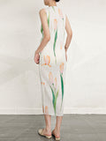 Momentlover Pleated Flower Print Sleeveless Loose Round-Neck Midi Dresses