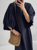 Momentlover Causal Plus Size Pleated Raglan Sleeve V-Neck Midi Dress