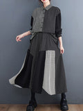 Momentlover Loose Oversize Striped Polka-Dot Split-Joint Blouse Top A-Line Skirt Bottom Two Pieces Set