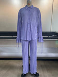 Momentlover Drawstring Pleated Flared Sleeves Long Sleeves Buttoned Solid Color Split-Side Lapel Shirts Top + Pants Bottom Pajama Sets