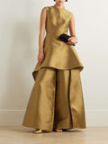 Momentlover Sleeveless Wrap Falbala Layered Solid Color Zipper Round-Neck Jumpsuits