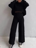 Momentlover Loose Solid Color Hooded Long Sleeves Round-Neck Sweater Top + Drawstring Pants Bottom Two Pieces Set