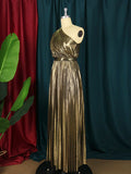 Momentlover Solid Color Shiny Pleated Asymmetric Sleeveless Plus Size One-shoulder Maxi Dresses