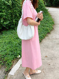 Momentlover Loose Solid Color V-Neck Pleated With Pockets Midi Dresses