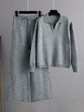 Momentlover Urban Long Sleeves Solid Color Polo Sweater Tops & Wide Leg Pants Two Pieces Set
