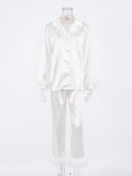 Momentlover Split-Joint Long Sleeves Buttoned Feathers Notched Collar Shirts Top + Pants Bottom Pajama Sets
