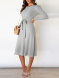 Momentlover Tied Waist Solid Color Long Sleeves High Waisted Round-Neck Sweater Dresses Midi Dresses