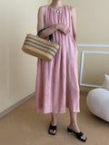 Momentlover Solid Color Pleated Sleeveless Loose Round-Neck Midi Dresses
