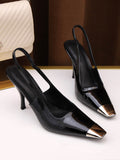 Momentlover Square-Toe Split-Joint Contrast Color Sling Shoes Pumps
