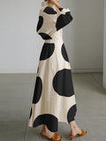 Momentlover Long Sleeves Loose Contrast Color Pleated Polka-Dot Tied Waist Lapel Shirt Dress