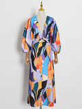 Momentlover Original Puff Sleeves Loose Contrast Color Printed Deep V-Neck Maxi Dresses