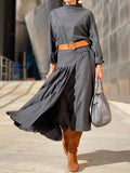 Momentlover Solid Color Loose Top +  Asymmetric Pleated Split-Joint  Skirt Two Pieces Set
