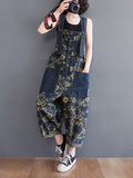 Momentlover Denim Floral Printed Oversize Overalls