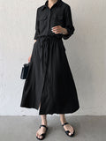 Momentlover Casual A-Line Long Sleeves Bandage Solid Color Lapel Collar Shirt Midi Dresses