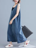Momentlover Loose Sleeveless Denim V-Neck Midi Dress