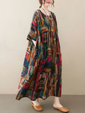Momentlover Vintage Loose Abstract Printed Pleated Round-Neck Half Sleeves Midi Dress