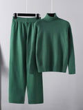 Momentlover Urban Long Sleeves Loose Solid Half Turtleneck Sweater Tops & Wide Leg Pants Two Pieces Set