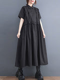 Momentlover Simple Short Sleeves Loose Buttoned Falbala Split-Joint Solid Color Midi Shirt Dress