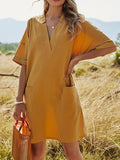 Momentlover Split-Joint Solid Color Pockets Short Sleeves Loose V-Neck Mini Dresses