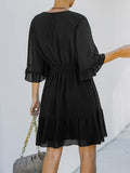 Momentlover Original Half Sleeves Loose Polka-Dot Falbala Solid Color V-Neck Mini Dresses