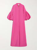 Momentlover Loose Flower Shape Solid Color Stand Collar Lantern Sleeves Maxi Dresses