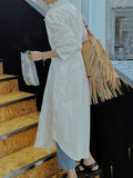 Momentlover Solid Color Asymmetric Loose Long Sleeves Lapel Shirt Dress