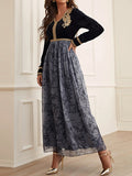 Momentlover Split-Joint Flower Print Embroidered Long Sleeves High Waisted V-Neck Maxi Dresses