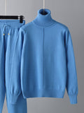 Momentlover Casual Solid Long Sleeves High-Neck Sweater Tops & Drawstring Wide Leg Pants Suits