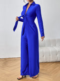 Momentlover Solid Color Knot Elasticity Wide Leg High Waisted Deep V-Neck Jumpsuits