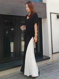 Momentlover Black&White Split-joint V-neck Long Dress