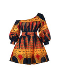 Momentlover Tied Waist Printed Elasticity Three-Quarter Sleeves Puff Sleeves One-Shoulder Mini Dresses