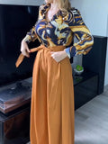 Momentlover Printed Long Sleeves Buttoned Lapel Blouse + Tied Waist Wide Leg Pants Two Pieces Set