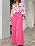 Momentlover Original Contrast Color Blouse&Solid Wide Legs Pants 2 Pieces Set