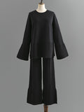 Momentlover Casual Long Sleeves Loose Solid Color Round-Neck Sweater Tops & Wide Leg Pants Two Pieces Set