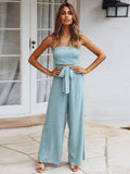 Momentlover Original Cold Shoulder Tied Solid Color Straight Leg Jumpsuits