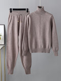 Momentlover Casual Solid Long Sleeves High-Neck Sweater Tops & Drawstring Wide Leg Pants Suits