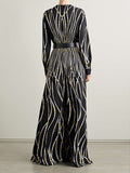 Momentlover Loose Contrast Color Printed Zipper V-Neck Jumpsuits
