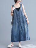 Momentlover Loose Sleeveless Denim V-Neck Midi Dress