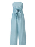 Momentlover Original Cold Shoulder Tied Solid Color Straight Leg Jumpsuits