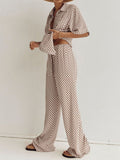 Momentlover Printed Plaid Wide Leg  Pants&Lapel Shirts Tops Two Pieces Set