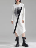 Momentlover Three-Dimensional Flower Asymmetric Loose Long Sleeves Round-Neck Midi Dresses