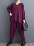 Momentlover Solid Color Long Sleeves Asymmetric Split-Joint V-Neck T-Shirts Top + Harem Pants Elasticity Pants Bottom Two Pieces Set