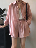 Momentlover Loose Solid Color Long Sleeves Blouse + Pleated Shorts Two Pieces Set