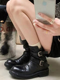 Momentlover Zipper Split-Joint Round-Toe Belt Buckle Boots