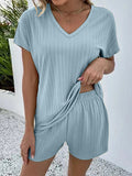 Momentlover Striped Solid Color Short Sleeves T-shirt + Elasticity Shorts Pajama Sets