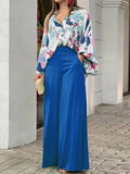 Momentlover Original Contrast Color Blouse&Solid Wide Legs Pants 2 Pieces Set