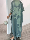 Momentlover Long Sleeves Buttoned Contrast Color Flower&Leaves Print Muslim V-Neck Maxi Dress